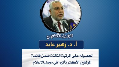 صورة تهانينا للزميل الأكاديمي أ.د. زهير عابد لحصوله على المرتبة الثالثة ضمن قائمة المؤلفين الأكثر تأثيراً في مجال الاعلام والاتصال على المستوى العربى