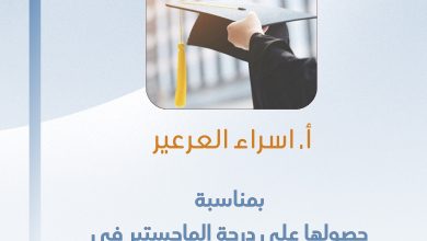 صورة تهانينا للصحفية ا.اسراء العرعير بمناسبة حصولها على درجة الماجستير في الصحافة من الجامعة الإسلامية